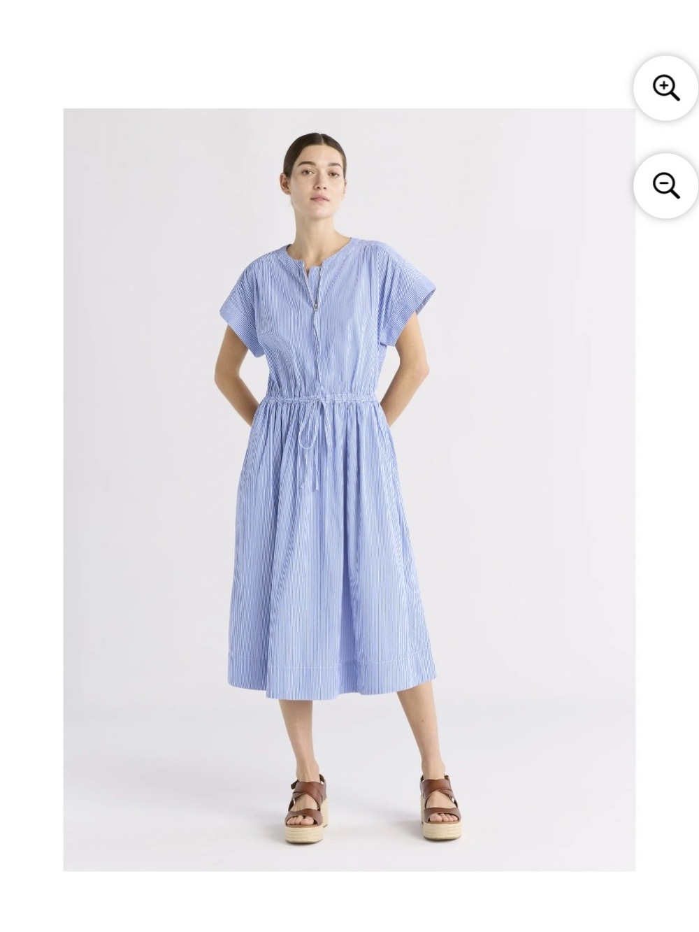 Light Blue Striped Midi Dress with Drawstring Waist